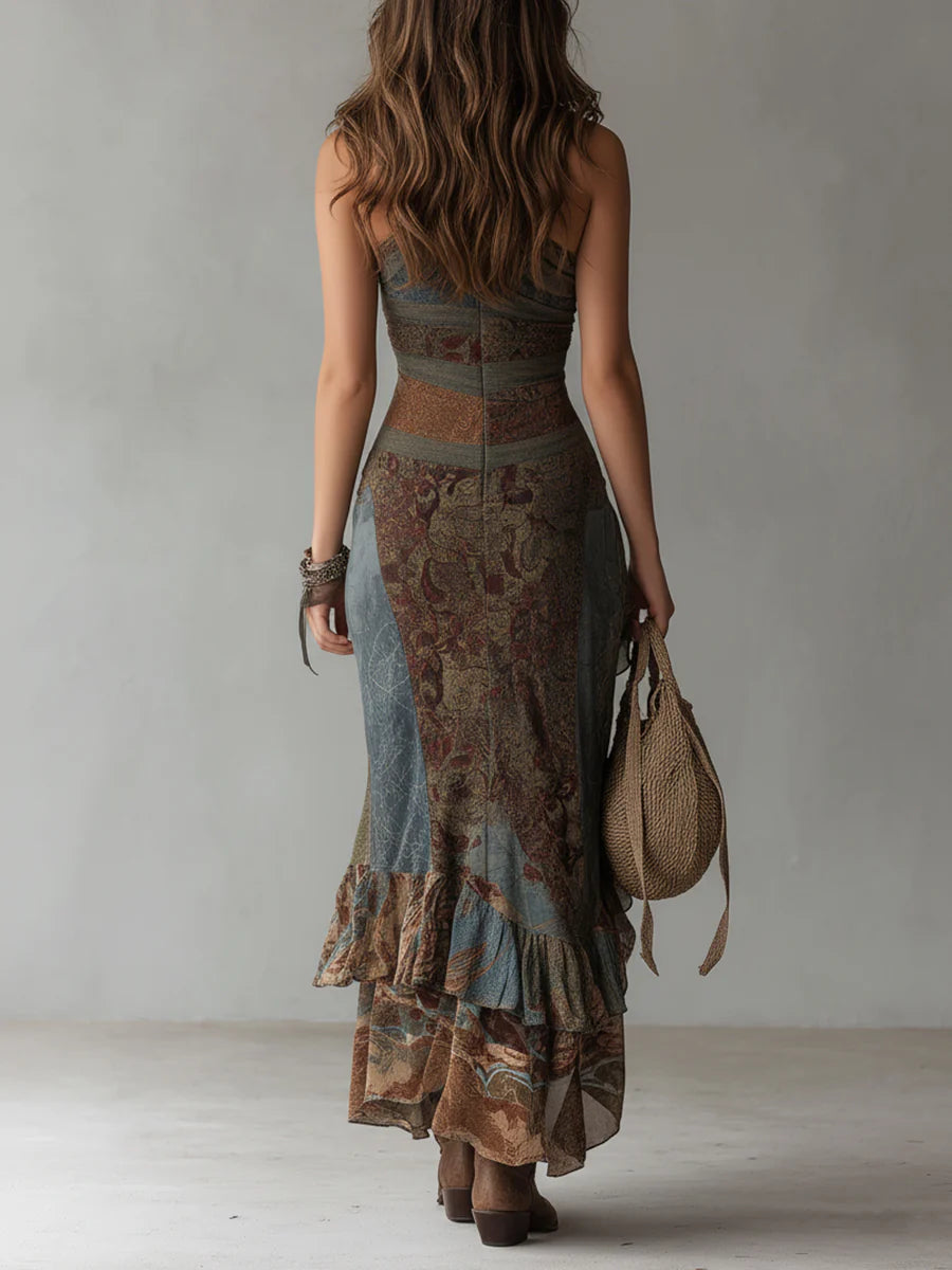Elena ∙ Vestido Maxi de un Hombro con Estampado Étnico y Abertura Alta