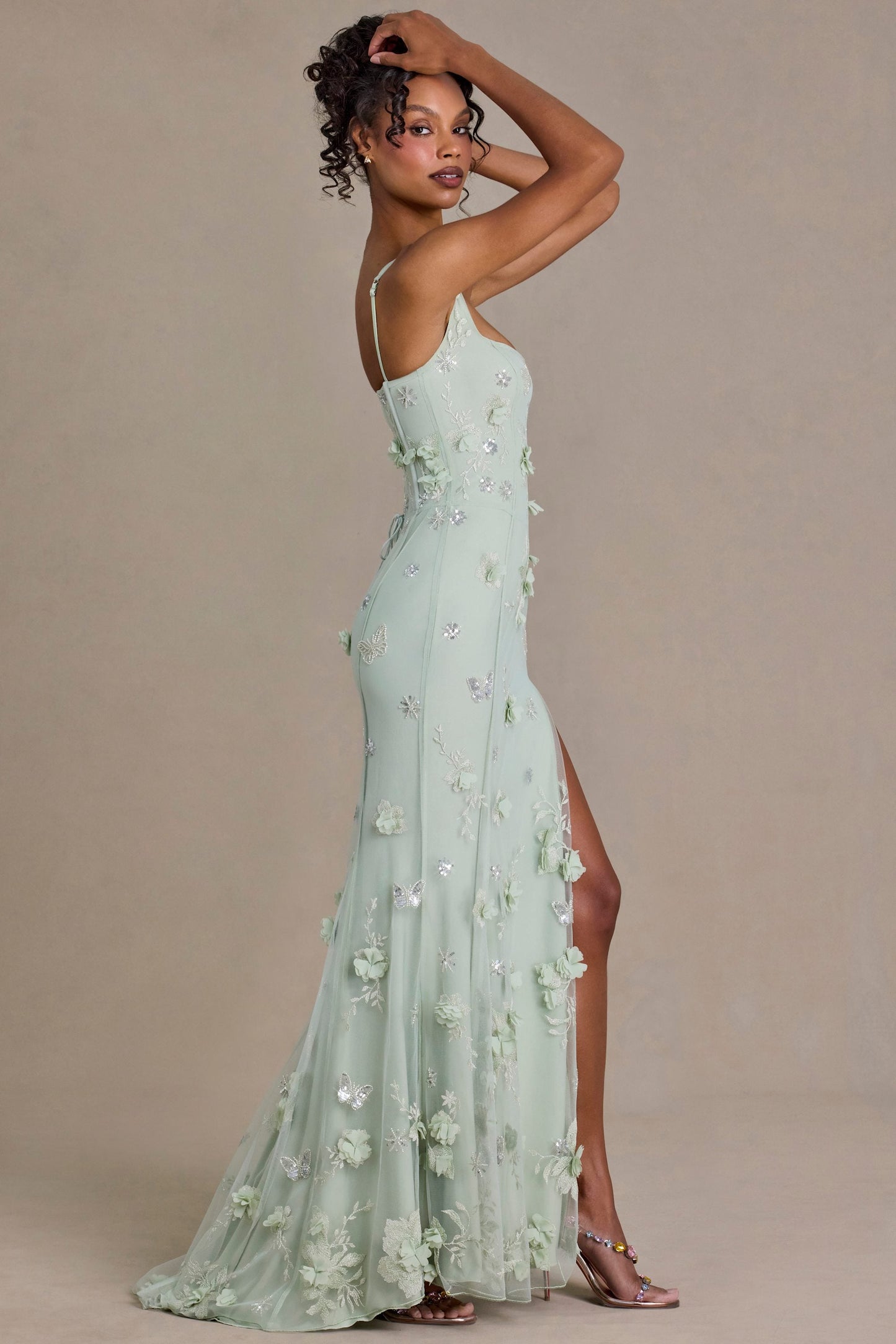 Embellished Corset Gown in Sage Green
