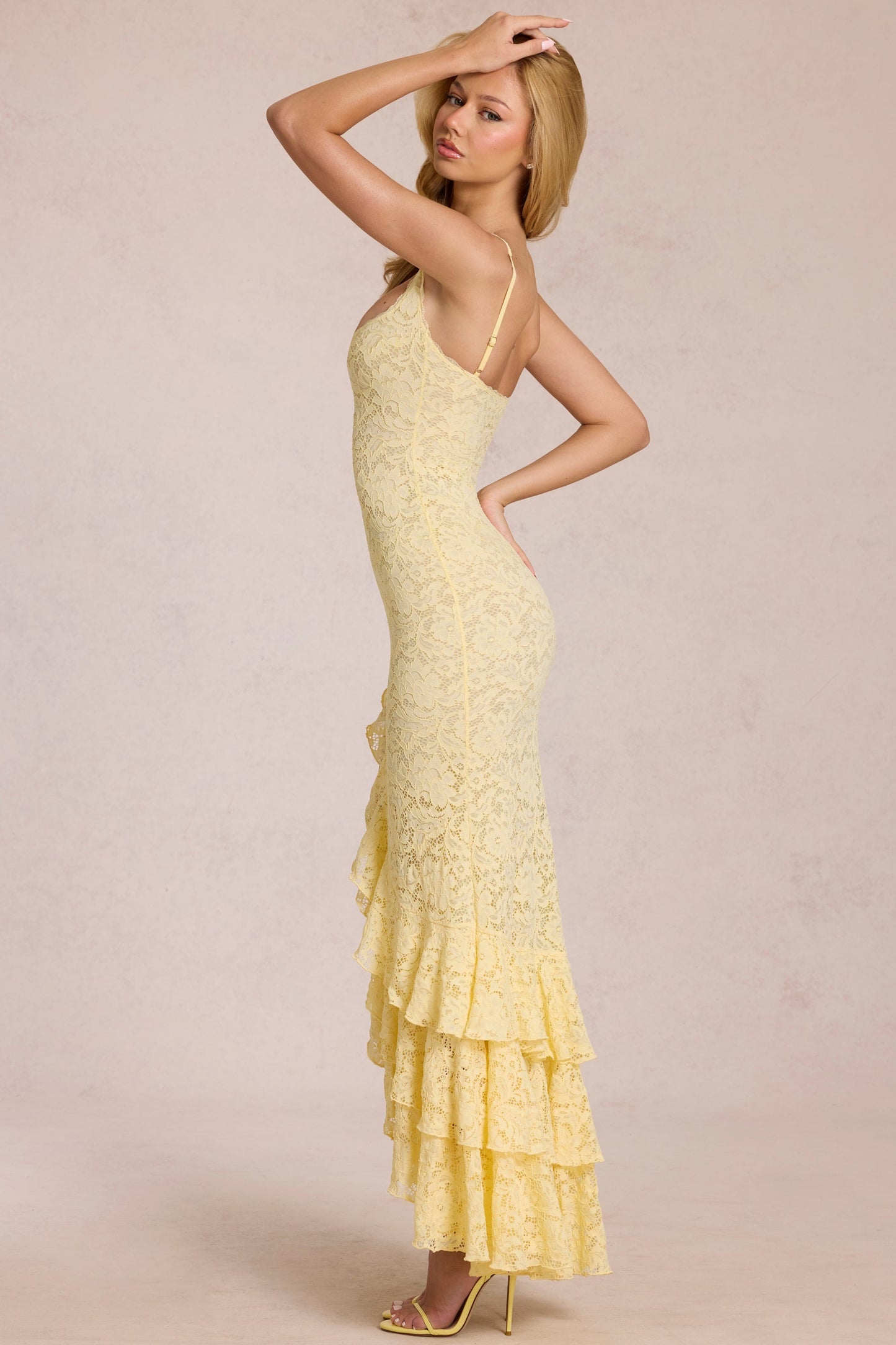 Lace Ruffle Maxi Dress in Lemon Yellow