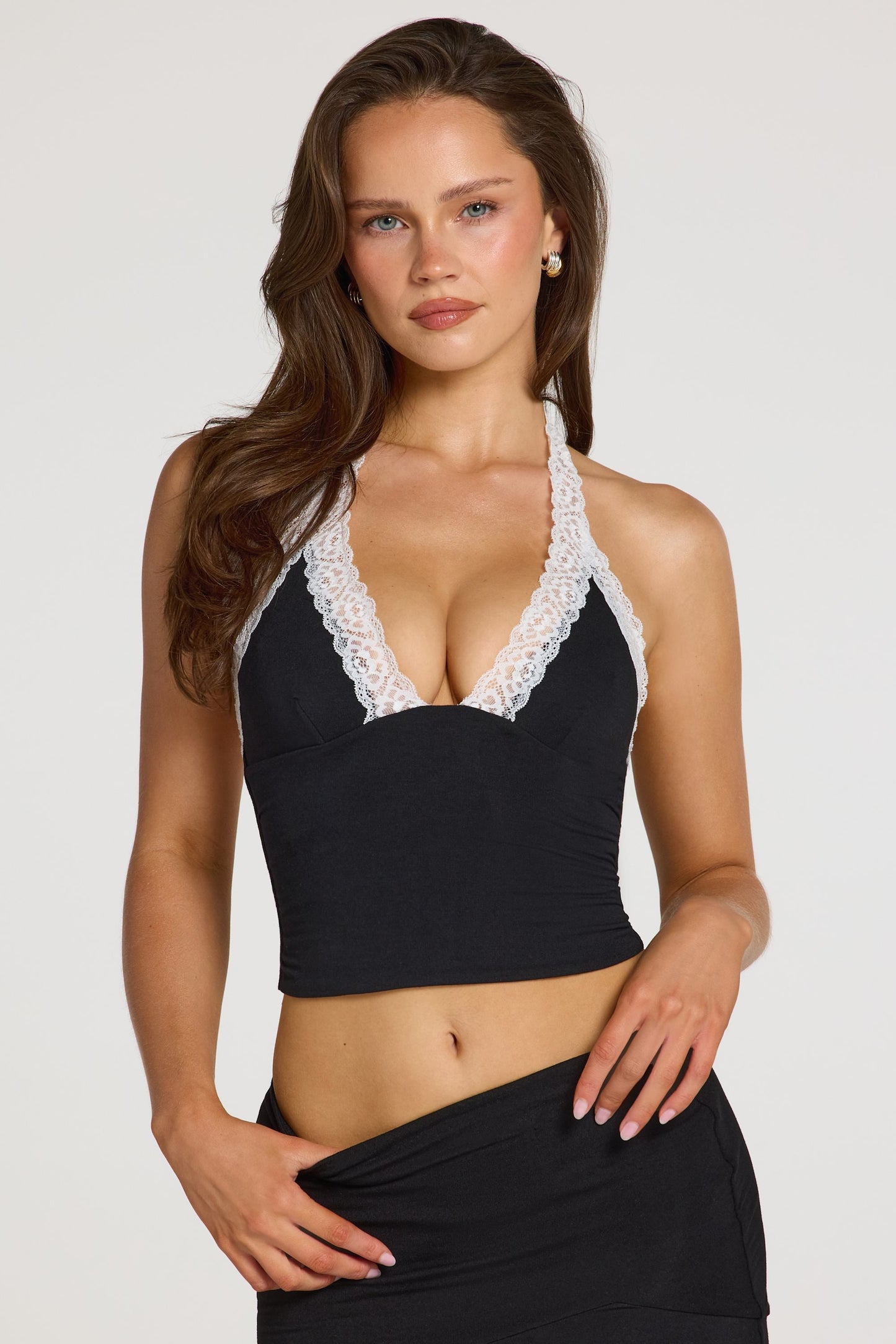 Modal Lace-Trim Halterneck Top in Black