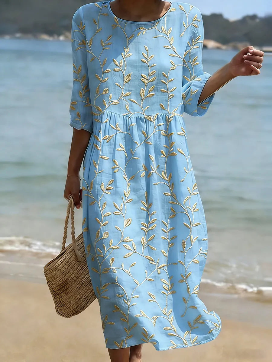 Natalia | Vestido Midi con Estampado Floral y Cuello Redondo