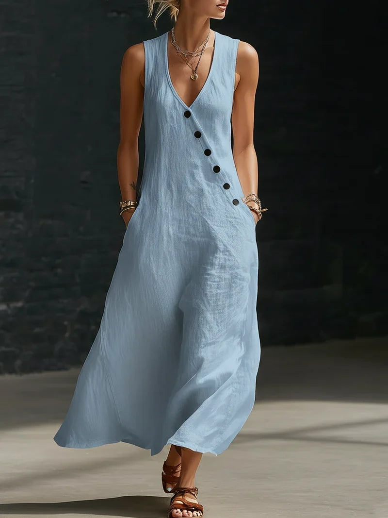 Vestido Maxi Minimalista con Botones para Mujer – Estilo Elegante y Fluido