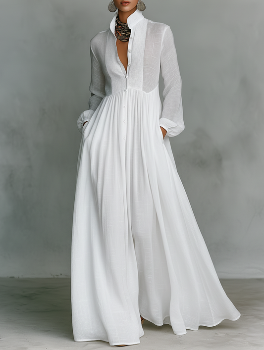 María | Robe Maxi Minimaliste en Coton et Lin à Col Haut et Manches Longues