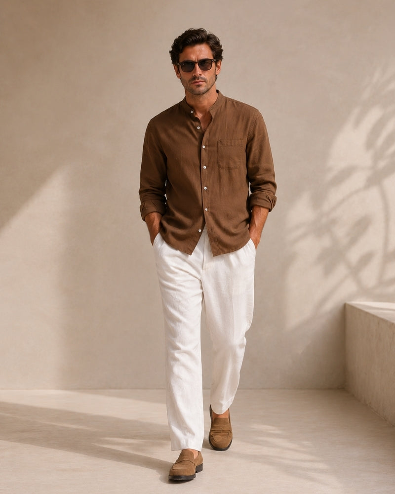 Camisa de Cuello Mao para Hombre – Camisa de Algodón Texturizado de Corte Relajado