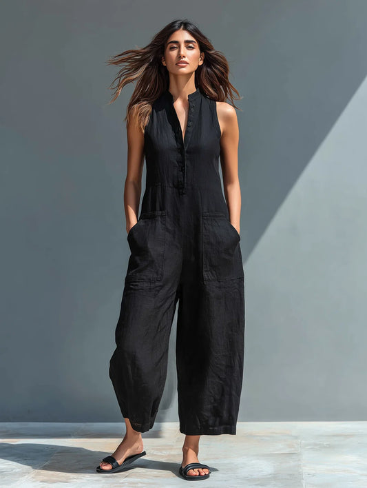 Claudia | Combinaison Minimaliste en Lin pour Femme Sans Manches, Col Haut et Boutons