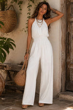 Mono de Algodón y Lino en Color con Cuello Halter, Cintura Fruncida y Perneras Anchas