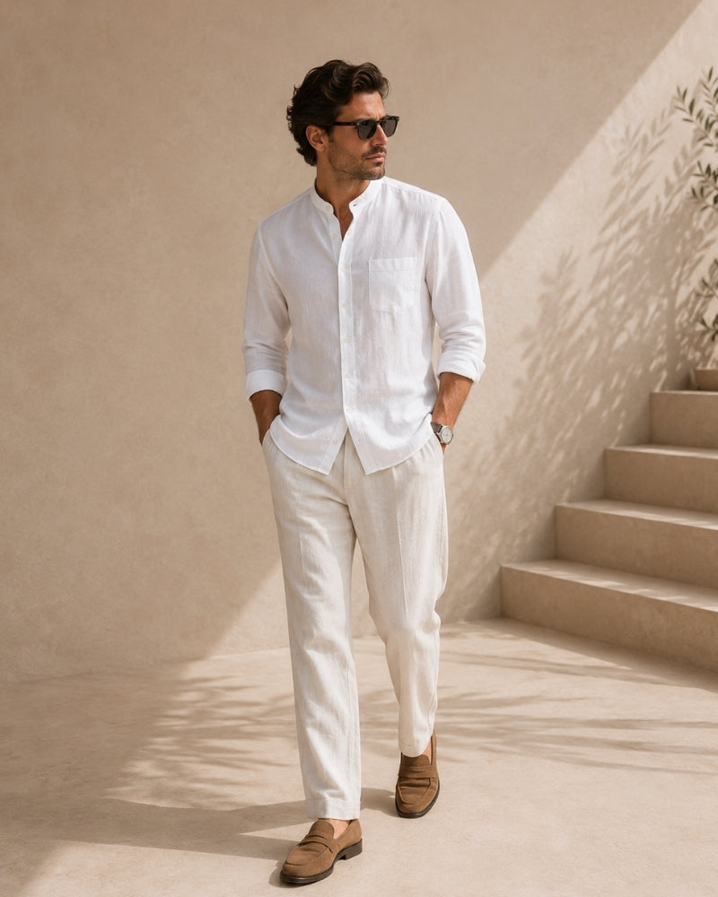 Camisa de Cuello Mao para Hombre – Camisa de Algodón Texturizado de Corte Relajado