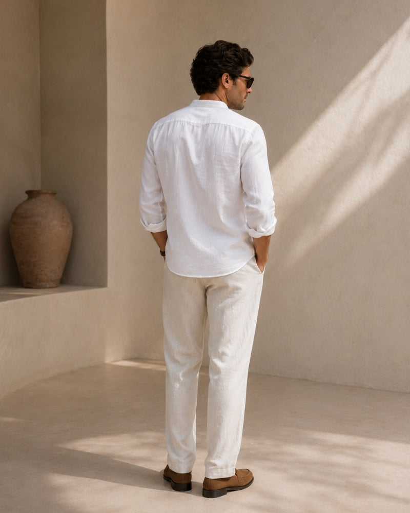 Camisa de Cuello Mao para Hombre – Camisa de Algodón Texturizado de Corte Relajado