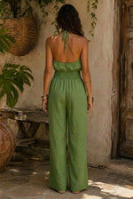 Mono de Algodón y Lino en Color con Cuello Halter, Cintura Fruncida y Perneras Anchas