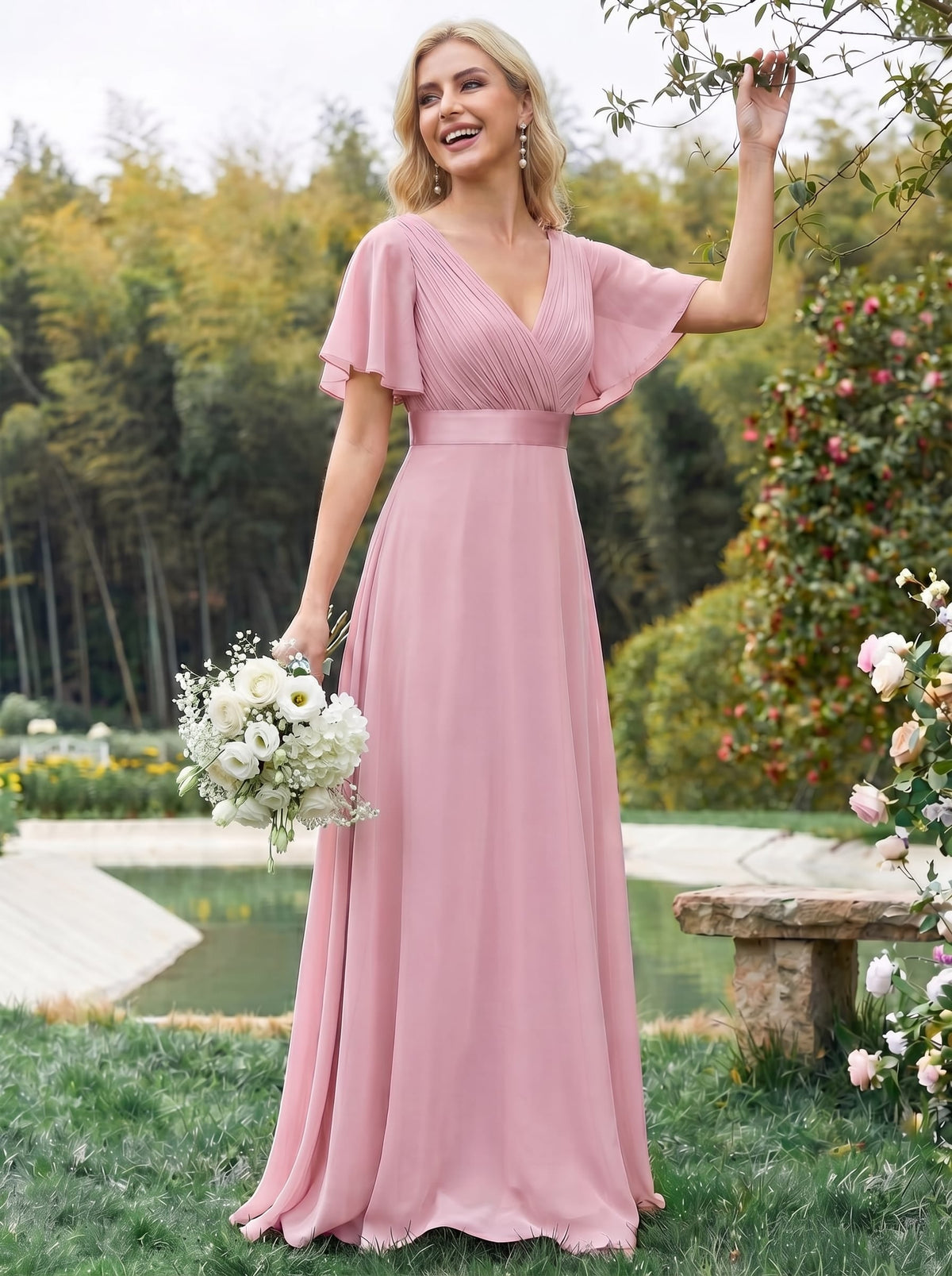 MÓNICA | Vestido Largo de Dama de Honor con Cintura Imperio y Mangas de Volante