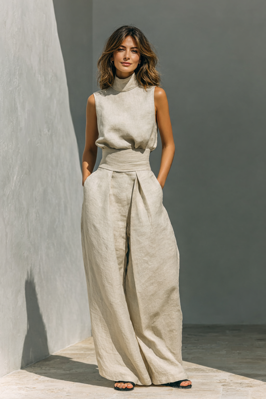 María – Ensemble Top sans Manches et Pantalon Long Minimaliste en Coton et Lin pour Femme