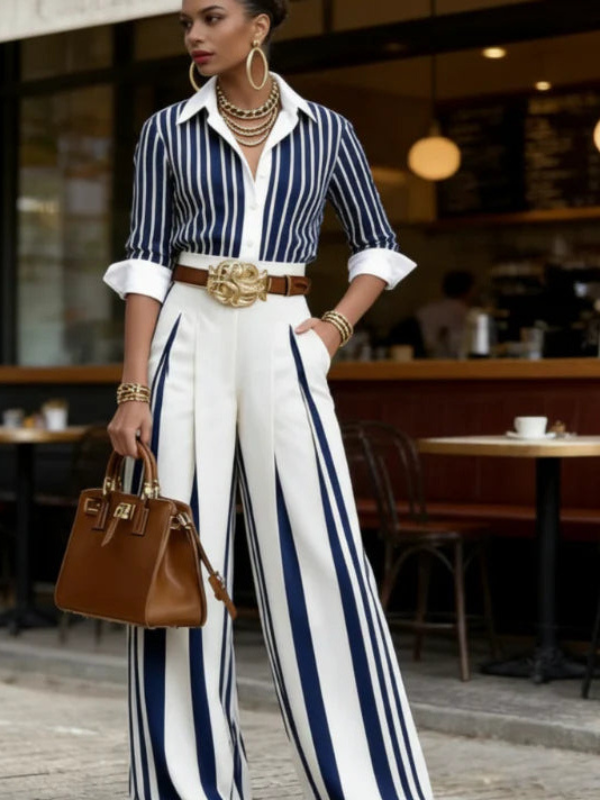 Sol - Conjunto de Camisa de Rayas y Pantalón Ancho para Mujer
