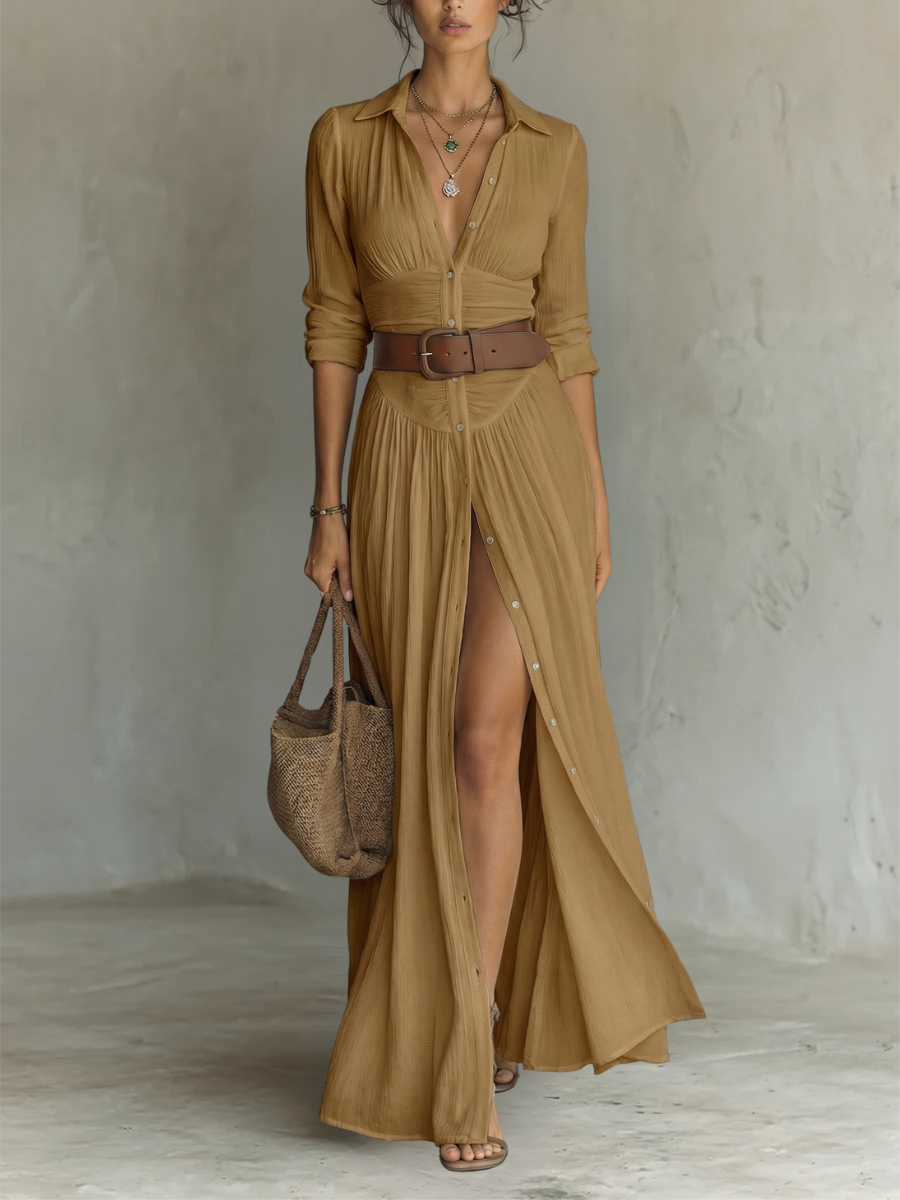 Marina - Vestido Maxi de Lino y Algodón Estilo Camisero para Mujer de Valerina Milano
