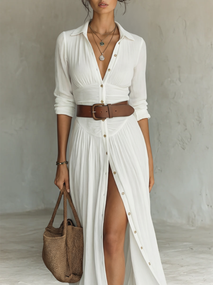 Marina - Vestido Maxi de Lino y Algodón Estilo Camisero para Mujer de Valerina Milano