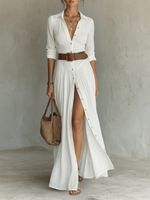 Marina - Vestido Maxi de Lino y Algodón Estilo Camisero para Mujer de Valerina Milano