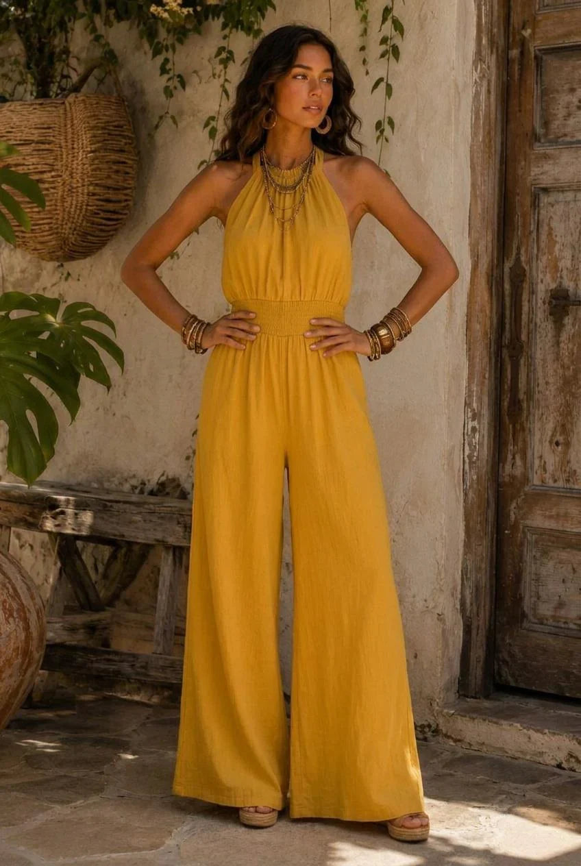 Mono de Algodón y Lino en Color con Cuello Halter, Cintura Fruncida y Perneras Anchas