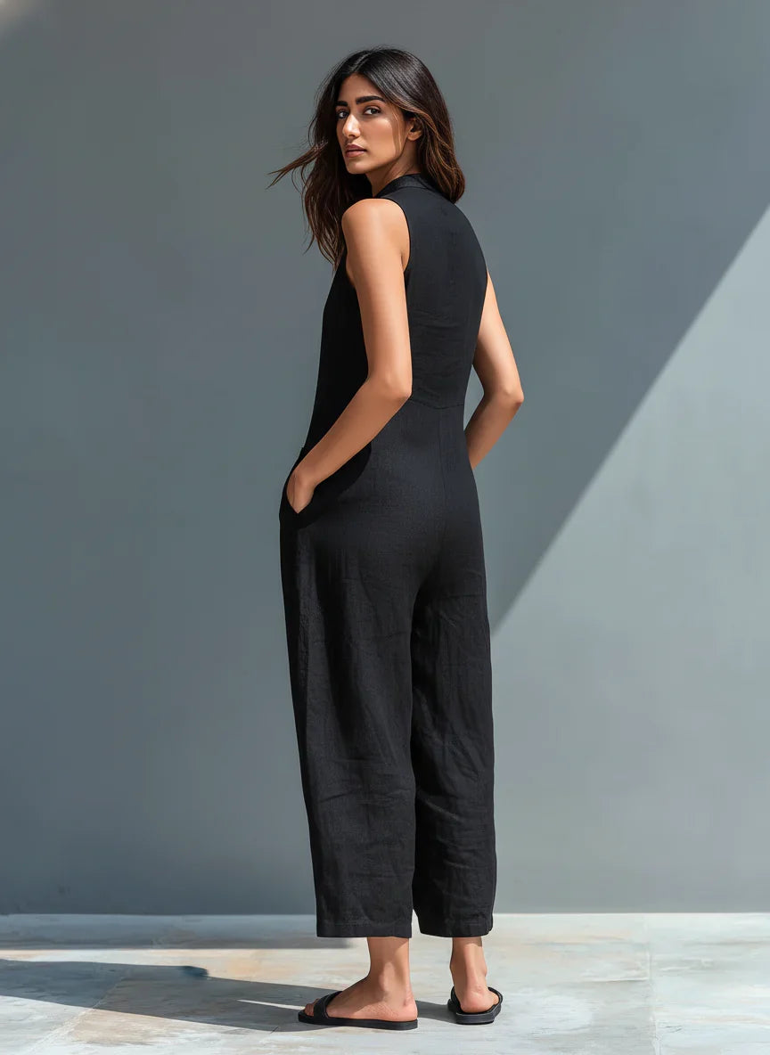 Claudia | Mono Minimalista de Lino para Mujer sin Mangas, Cuello Alto y Botones