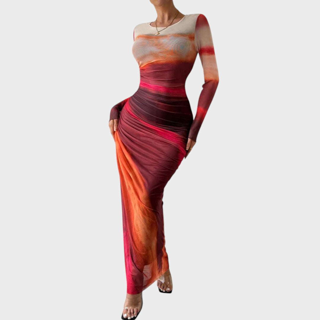 Amélia - Vestido Maxi Ajustado de Manga Larga