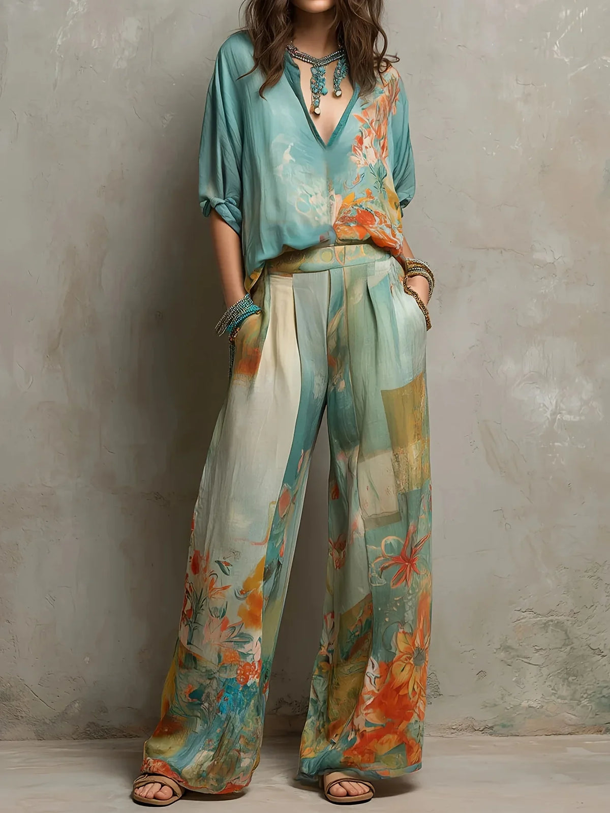 Chiara | Conjunto Elegante Estampado Floral con Pantalón de Pierna Ancha