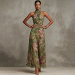 Florence | Vestido Maxi de Gasa Floral Verde con Cuello Halter