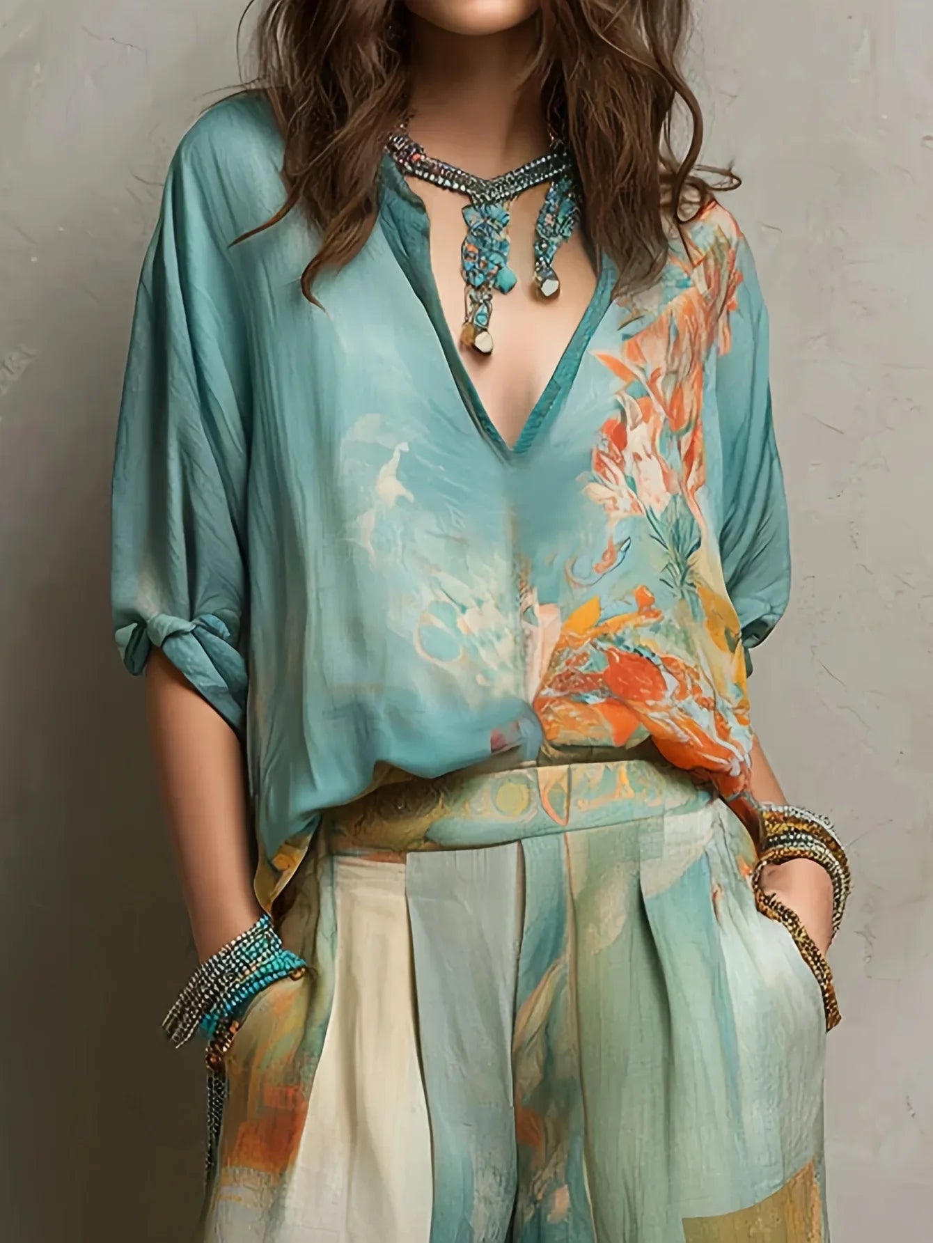 Chiara | Conjunto Elegante Estampado Floral con Pantalón de Pierna Ancha