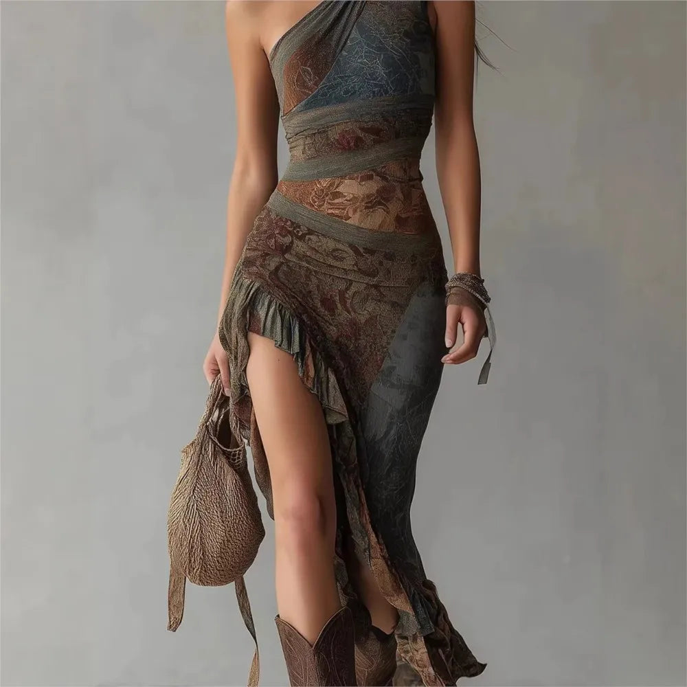 Novelya | Vestido Maxi Asimétrico de Un Hombro con Estampado Étnico y Abertura Alta