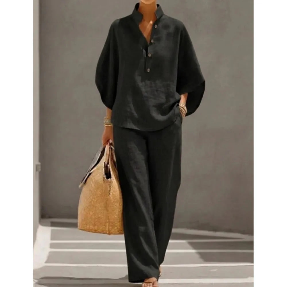 Maribel | Conjunto de Lino con Mangas Murciélago y Pantalón Ancho