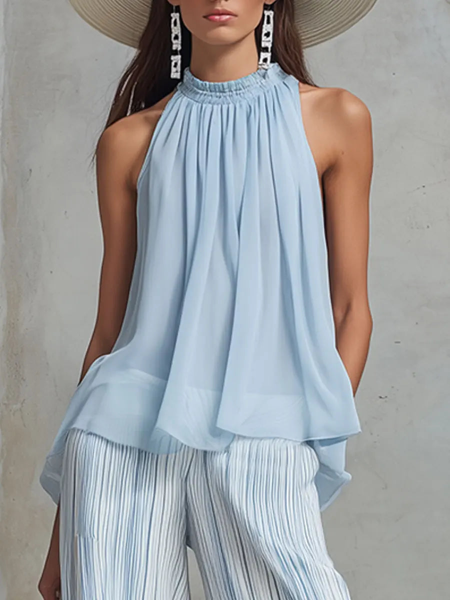 Novelya | Conjunto Elegante con Top sin Mangas y Pantalón Ancho de Rayas