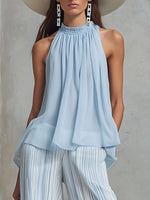 Novelya | Conjunto Elegante con Top sin Mangas y Pantalón Ancho de Rayas