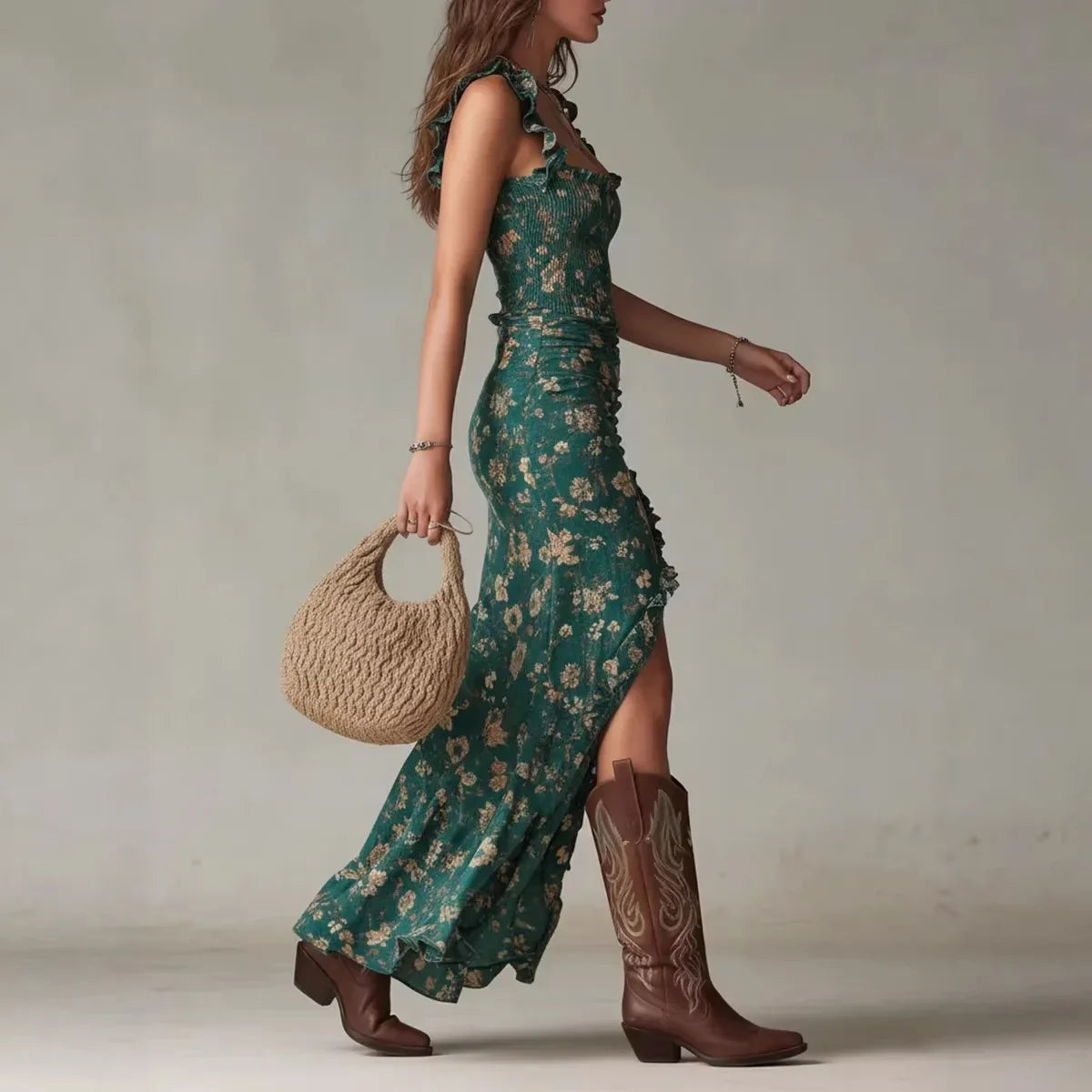 Novelya - Vestido Largo Boho Retro con Mangas de Volantes y Abertura Alta
