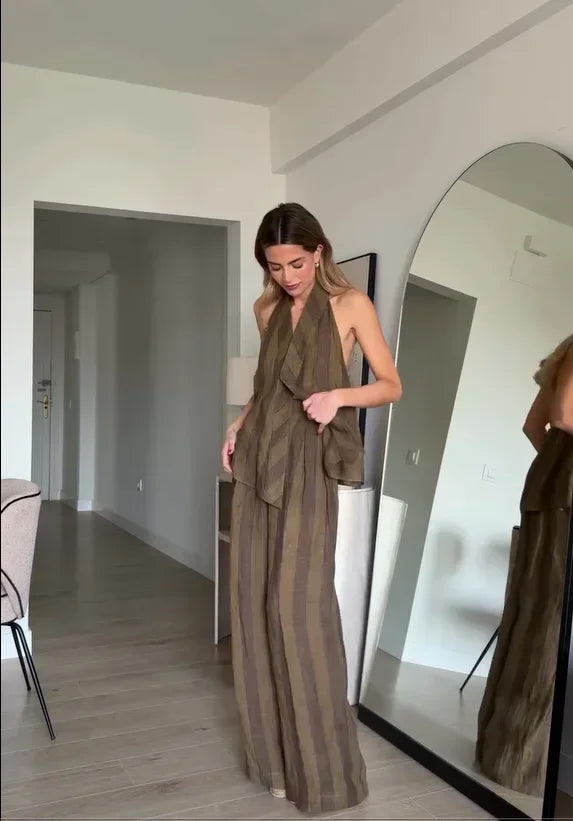 Sonia | Conjunto Halter de Lino a Rayas con Pantalón de Talle Alto