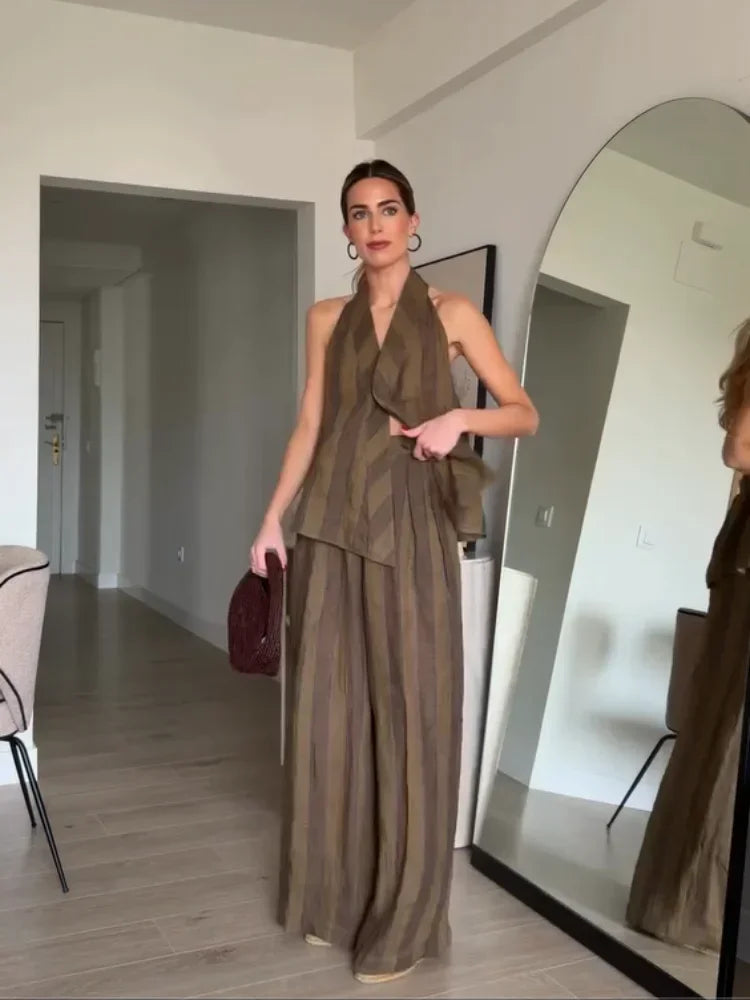 Sonia | Conjunto Halter de Lino a Rayas con Pantalón de Talle Alto