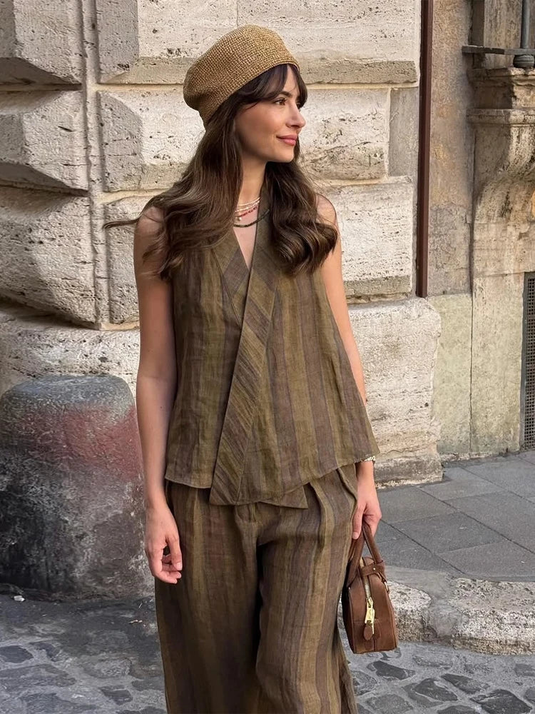 Sonia | Conjunto Halter de Lino a Rayas con Pantalón de Talle Alto