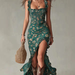 Novelya - Vestido Largo Boho Retro con Mangas de Volantes y Abertura Alta