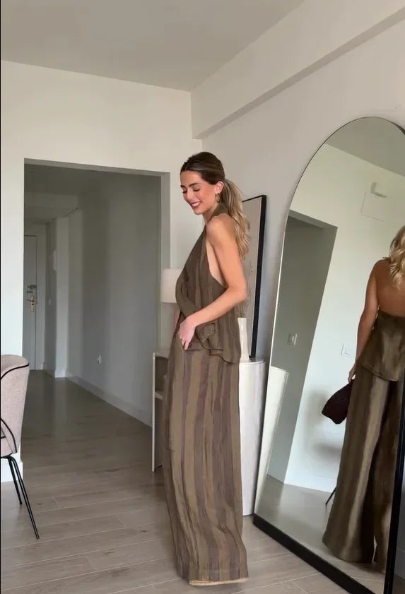 Sonia | Conjunto Halter de Lino a Rayas con Pantalón de Talle Alto