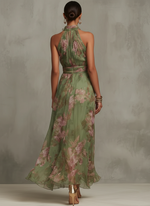 Serena ∙ Vestido Largo Verde Floral de Gasa con Escote Halter