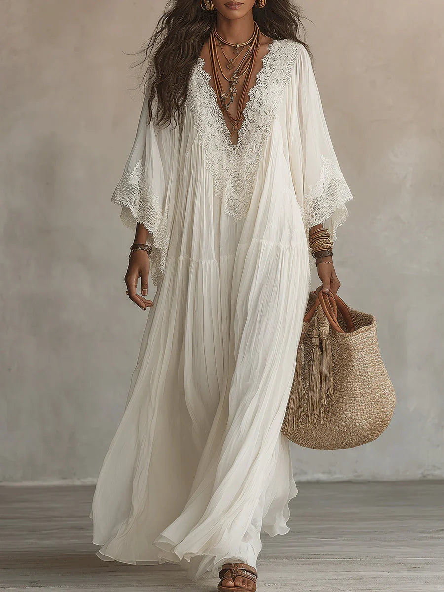 Adelaida | Vestido Largo de Gasa Color Marfil con Mangas de Murciélago y Encaje Blanco