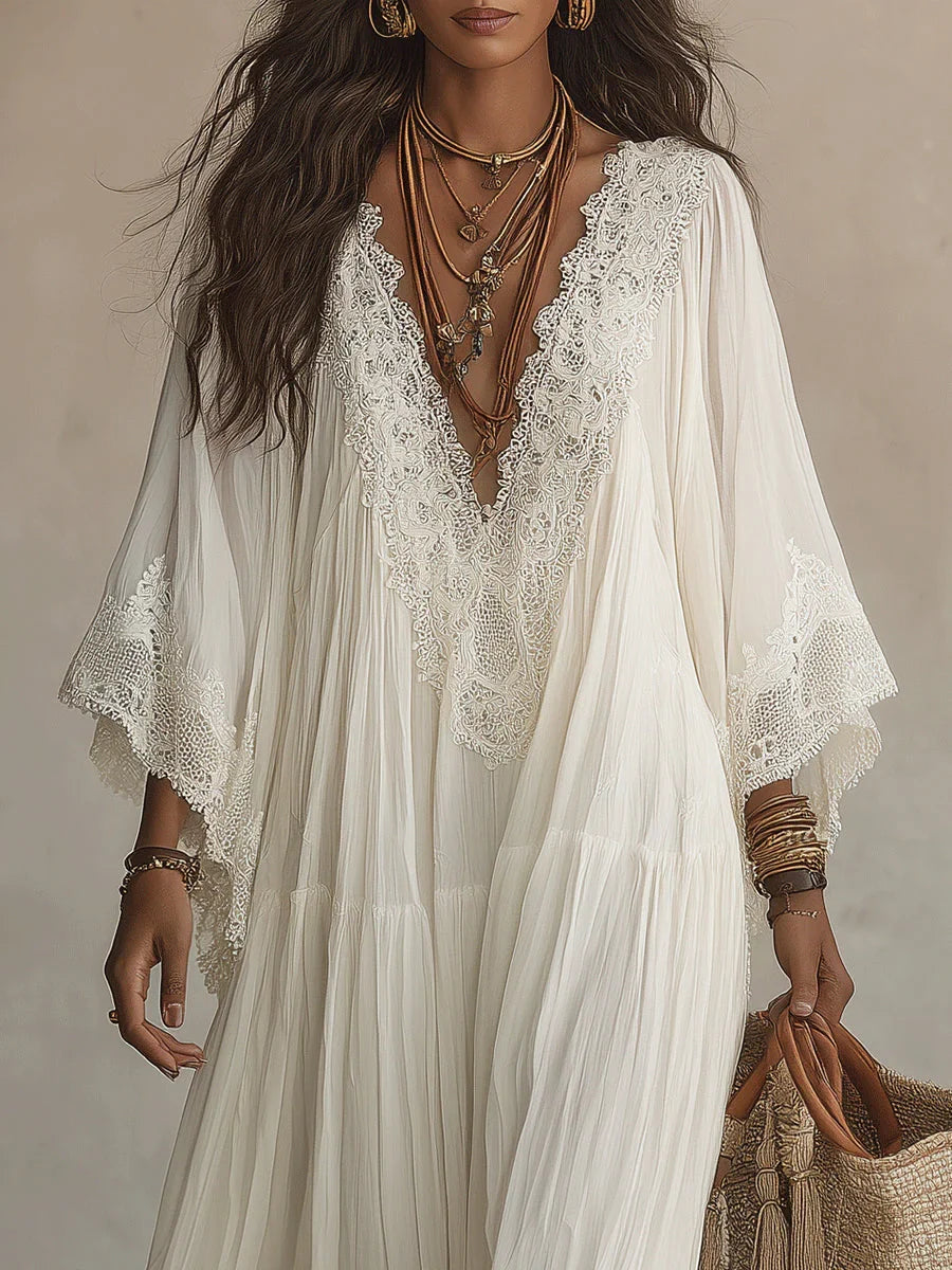 Adelaida | Vestido Largo de Gasa Color Marfil con Mangas de Murciélago y Encaje Blanco