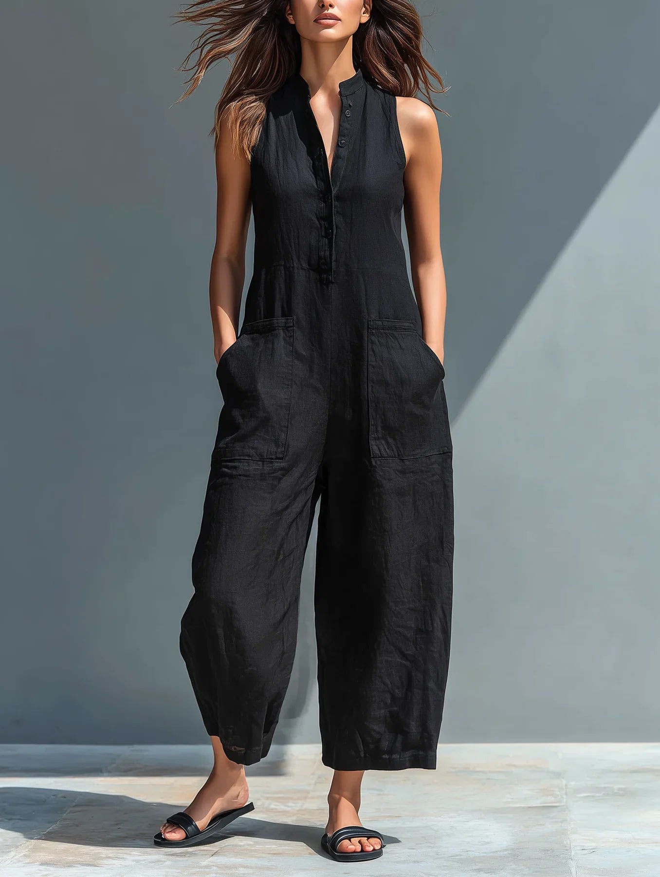Claudia | Mono Minimalista de Lino para Mujer sin Mangas, Cuello Alto y Botones