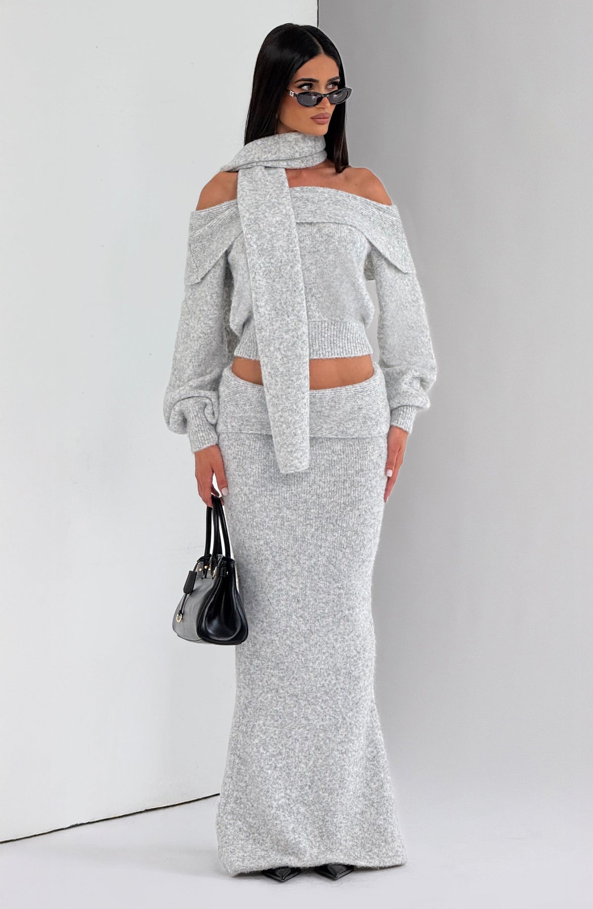 Falda larga Andie - gris claro jaspeado