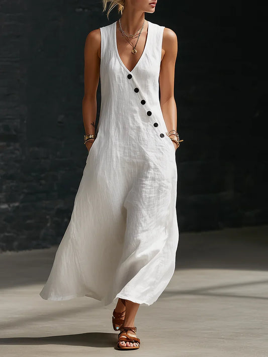 Robe Maxi Minimaliste à Boutons pour Femme – Style Élégant et Fluide