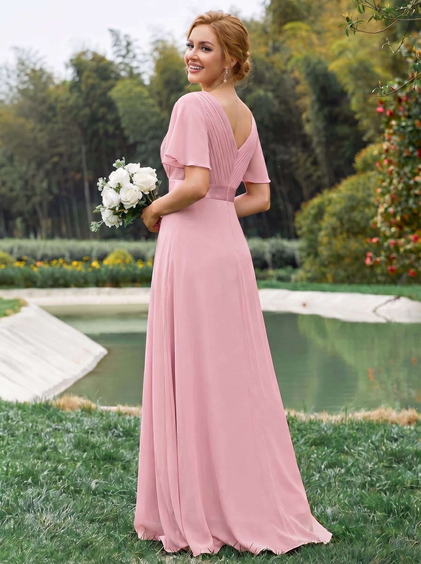 MÓNICA | Vestido Largo de Dama de Honor con Cintura Imperio y Mangas de Volante