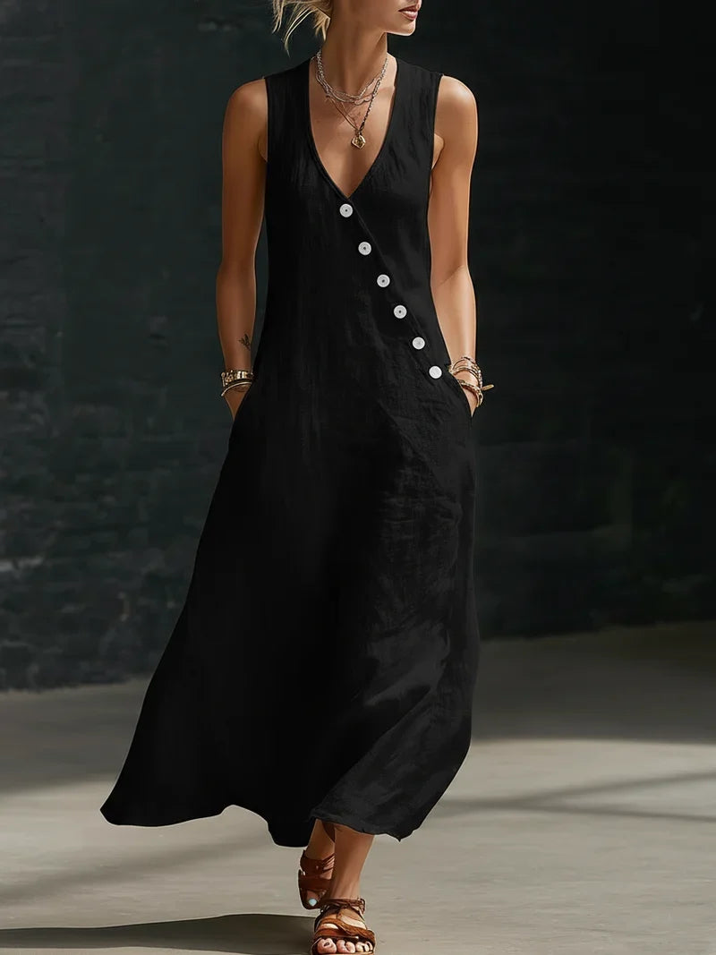 Vestido Maxi Minimalista con Botones para Mujer – Estilo Elegante y Fluido