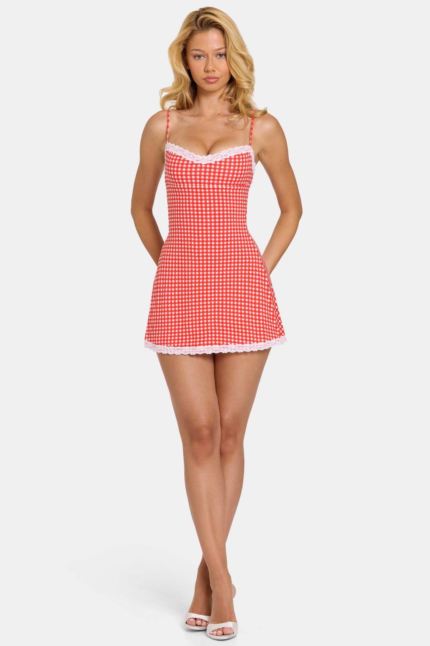 Modal Lace-Trim Mini Dress in Red Gingham