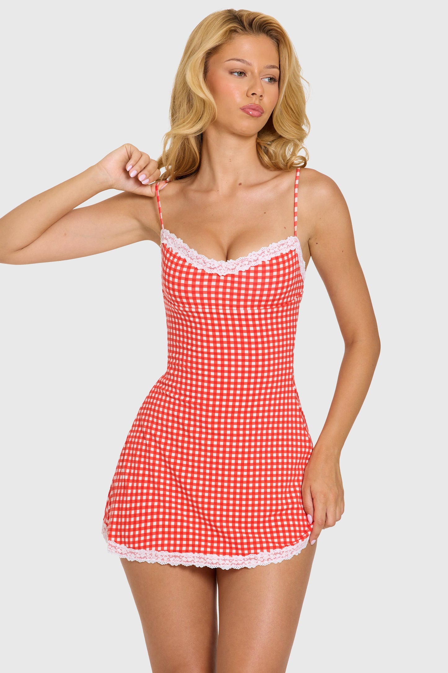 Modal Lace-Trim Mini Dress in Red Gingham
