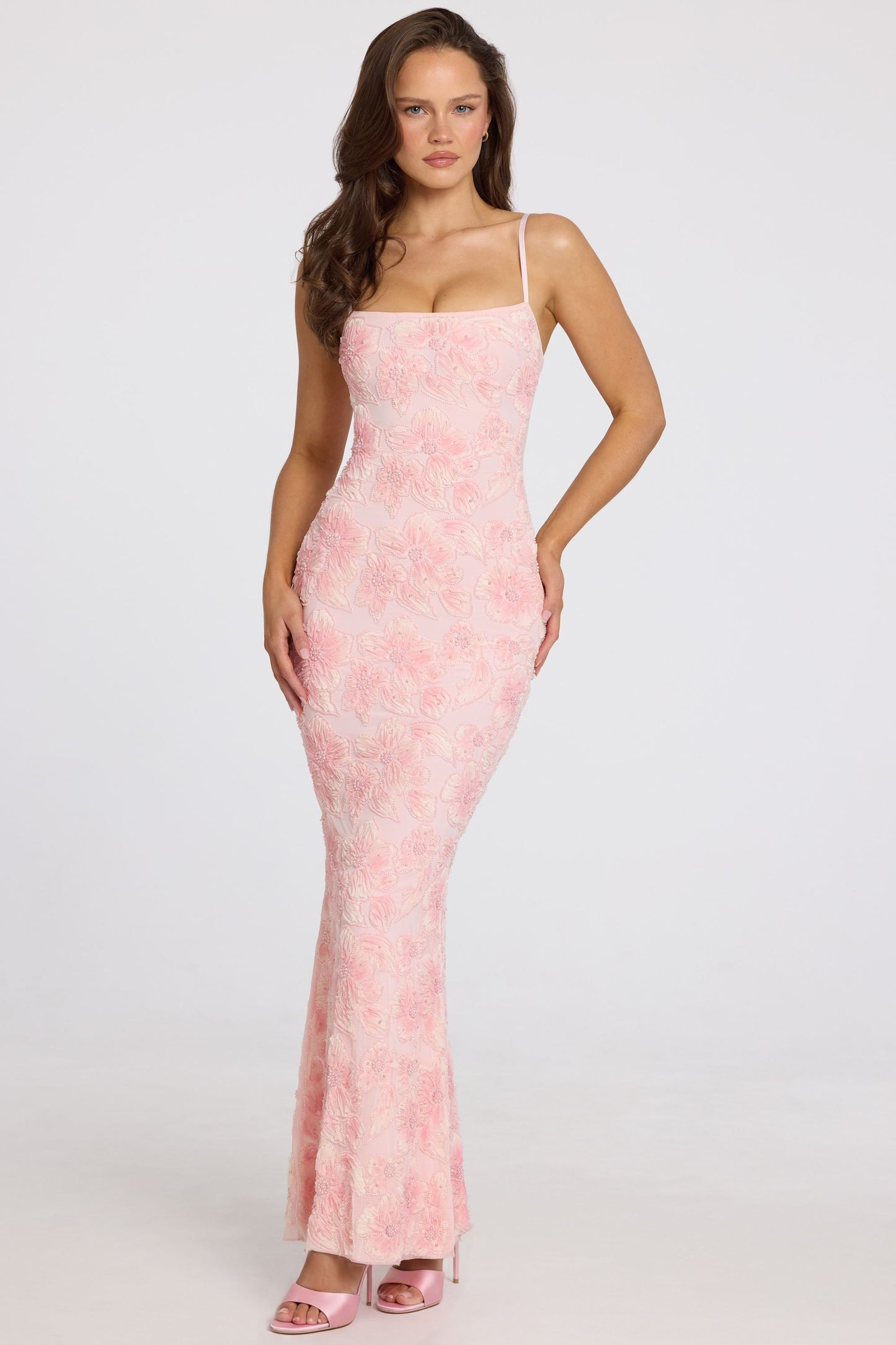 Embellished Square-Neck Maxi Dress in Soft Pink Ombre