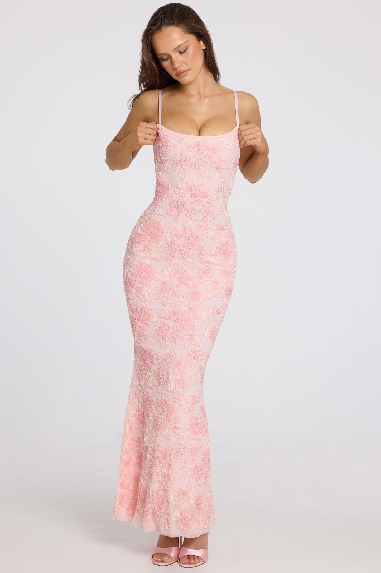 Embellished Square-Neck Maxi Dress in Soft Pink Ombre