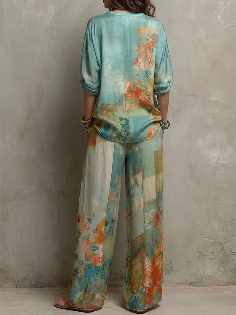 Chiara | Conjunto Elegante Estampado Floral con Pantalón de Pierna Ancha
