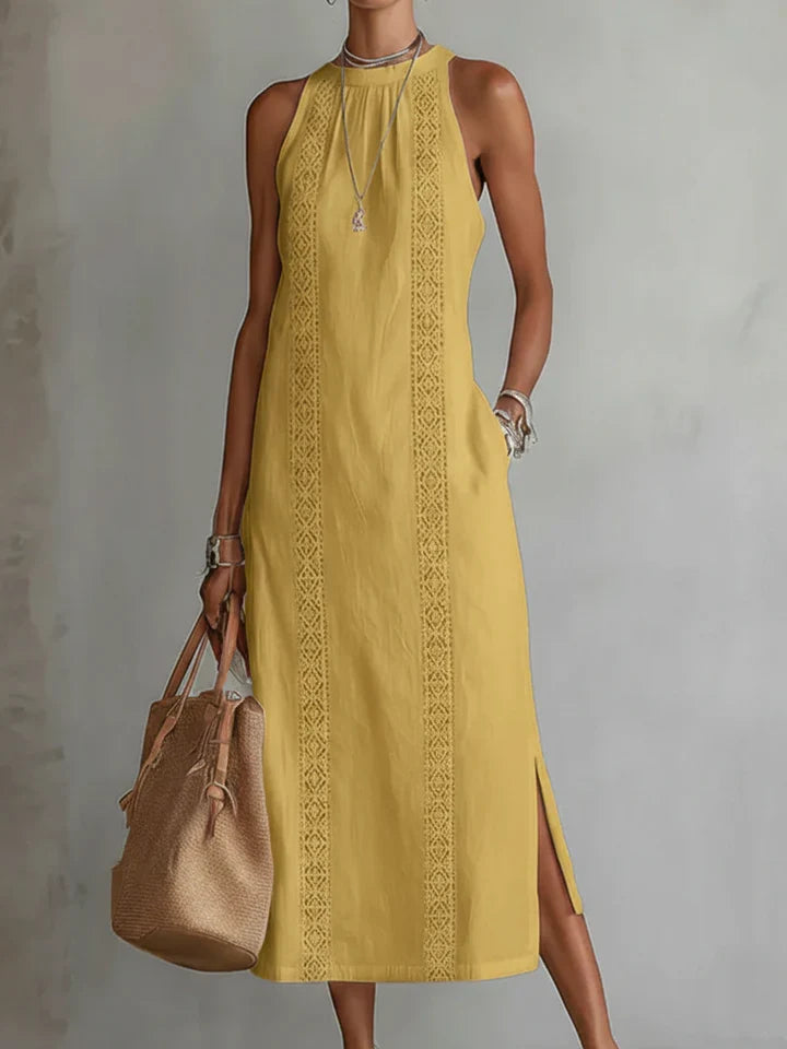 Jimena | Vestido Midi de Lino con Cuello Mao