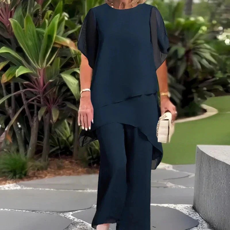 Conjunto de Dos Piezas para Mujer: Top Asimétrico con Encanto y Pantalón de Pierna Ancha